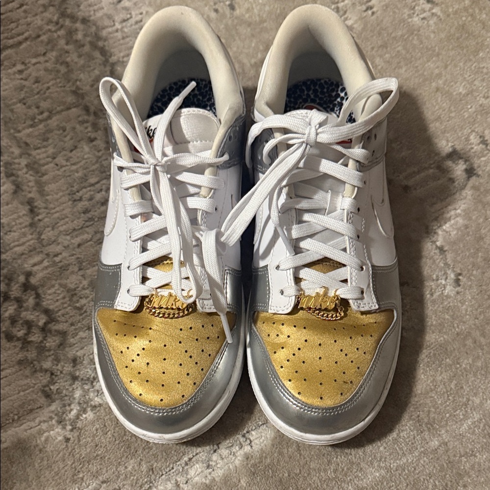 Nike White and Gold Sneakers with Gold Accents